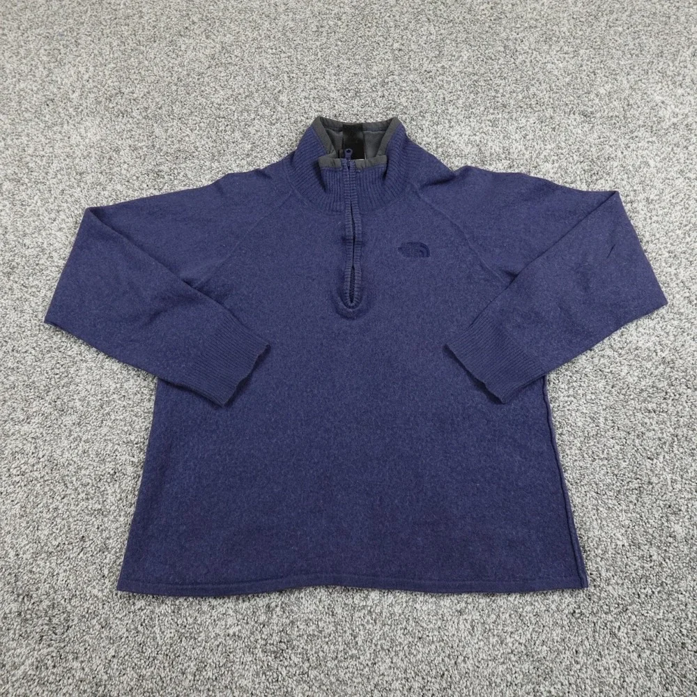 North Face Sweater Mens L Blue‎ Wool Blend Pullover 1/4 Zip Sweatshirt Outdoor